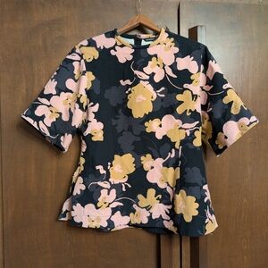 Marimekko Floral Blouse in Navy, Pink, and Tan